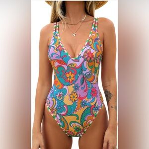 CUPSHE One Piece Swimsuit Bathing Suit Double Strap Back Tie Low CutBoho Paisley